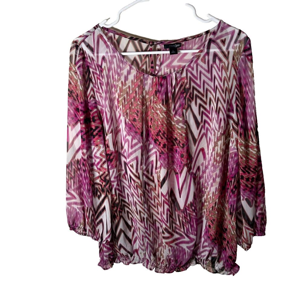 East 5th Blouse Women's Large 3/4 Sleeve Purple Printed Sheer Lightweight Top